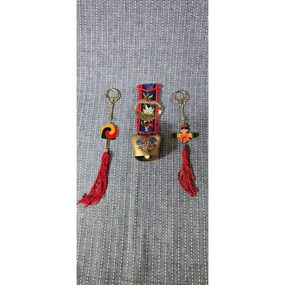 Vintage Swiss Cowbell and Vintage Enamel Asian Korea Keychains